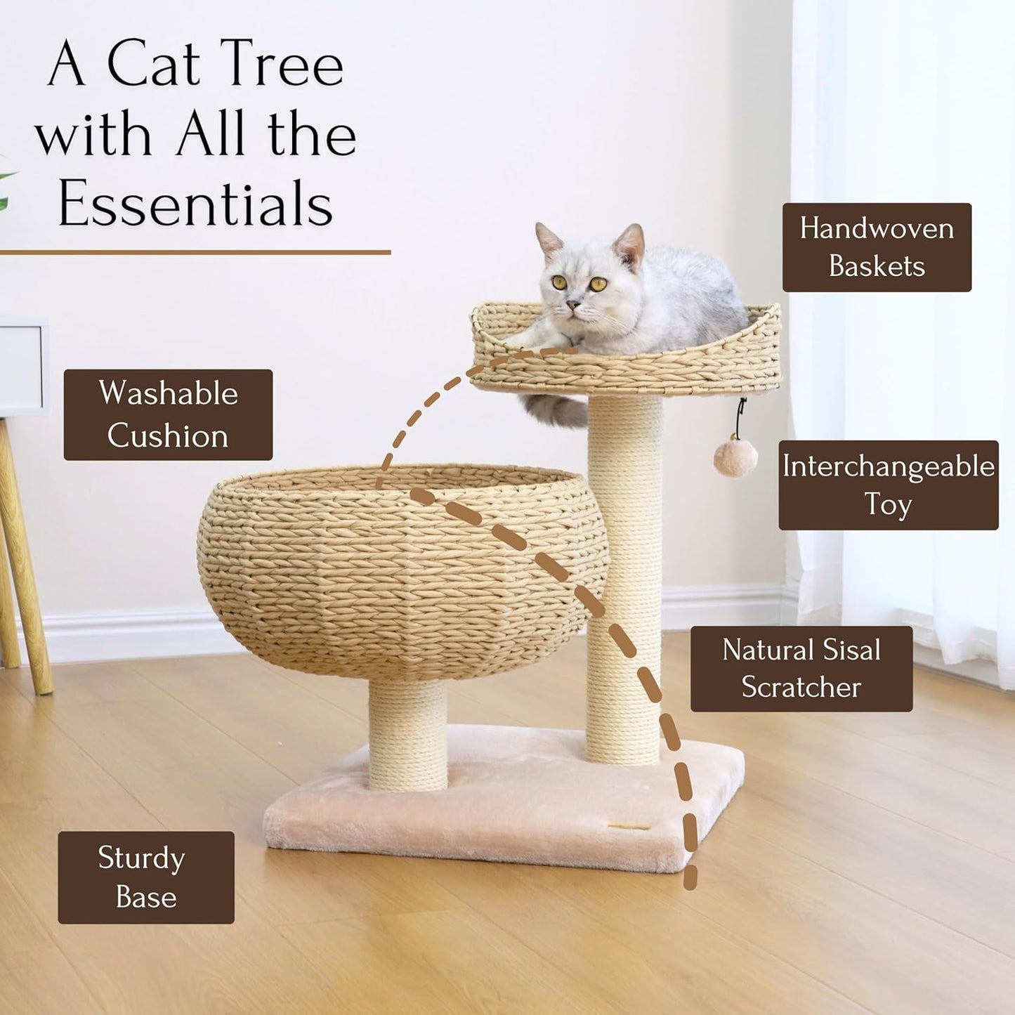 Modern Handwoven Cat Tree with 2 Cat Beds & Sisal Scratching Posts | Handcraft Paper Rope Baskets Bed and Perch, Removeable and Washable Cushion, Replaceable Post, a Pum-Pum Toy, Beige