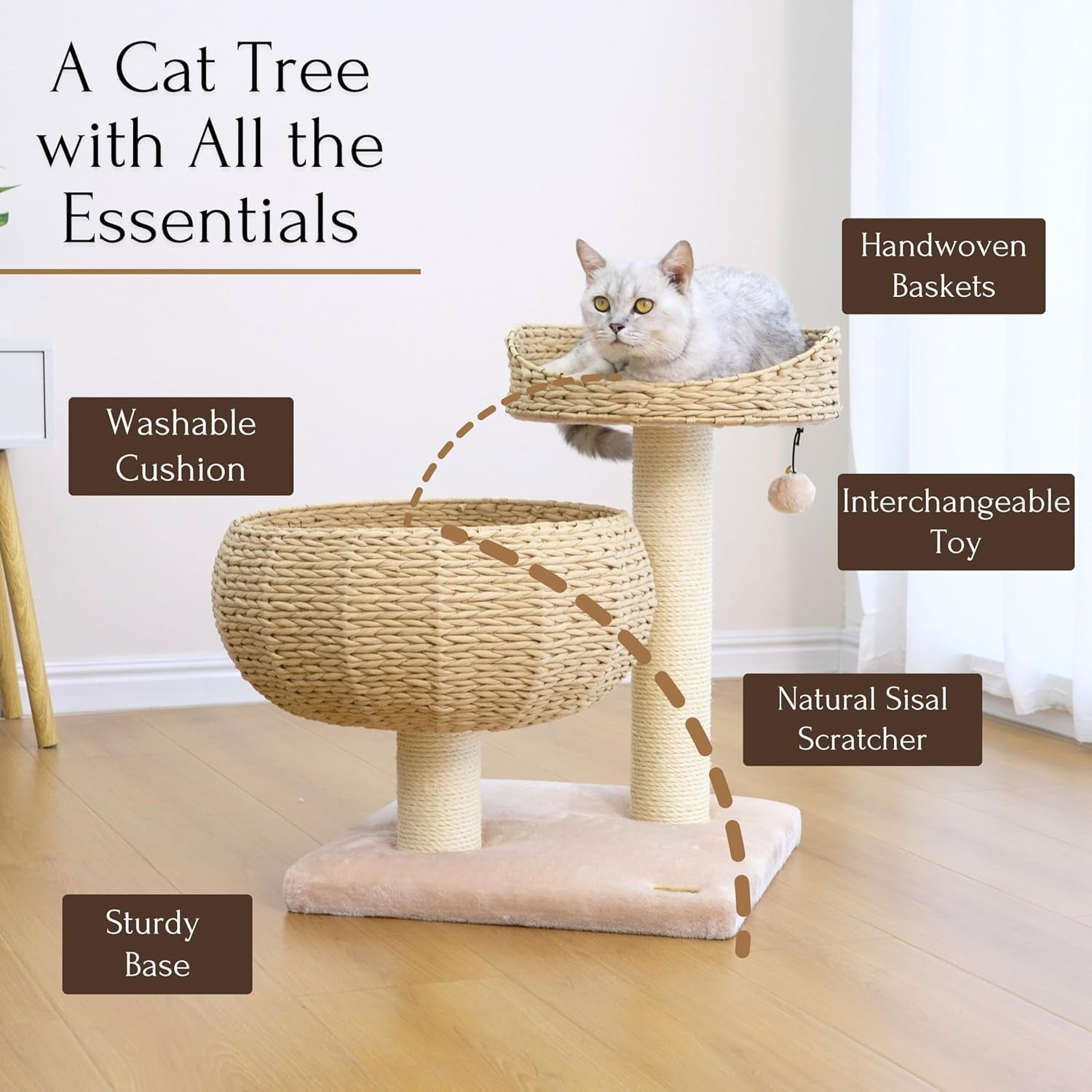 Modern Handwoven Cat Tree with 2 Cat Beds & Sisal Scratching Posts | Handcraft Paper Rope Baskets Bed and Perch, Removeable and Washable Cushion, Replaceable Post, a Pum-Pum Toy, Beige