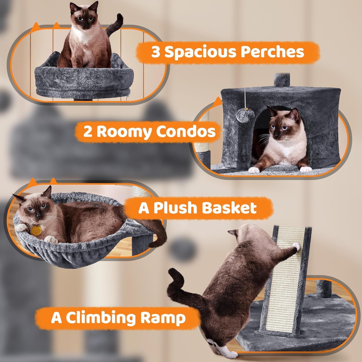Yaheetech 69In Cat Tree Tower, 2 Condos, Scratching Posts & Cat-Ear Perches | Sturdy Anti-Wobble Base, Soft Basket, Climbing Ramp, Easy Assembly, Fits Large Indoor Cats & Multi-Pet Households, Dark Gray