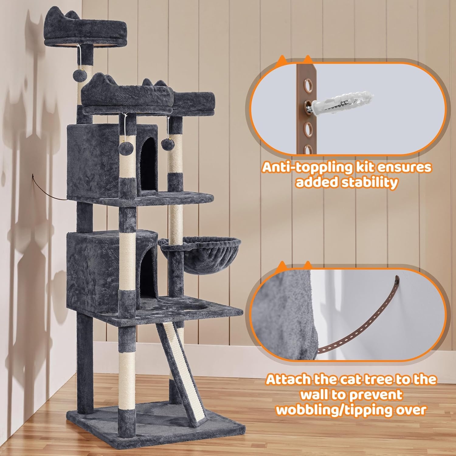 Yaheetech 69In Cat Tree Tower, 2 Condos, Scratching Posts & Cat-Ear Perches | Sturdy Anti-Wobble Base, Soft Basket, Climbing Ramp, Easy Assembly, Fits Large Indoor Cats & Multi-Pet Households, Dark Gray