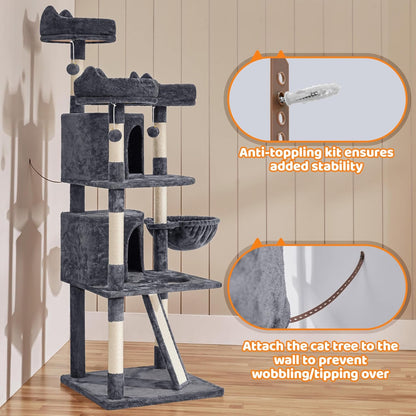 Yaheetech 69In Cat Tree Tower, 2 Condos, Scratching Posts & Cat-Ear Perches | Sturdy Anti-Wobble Base, Soft Basket, Climbing Ramp, Easy Assembly, Fits Large Indoor Cats & Multi-Pet Households, Dark Gray