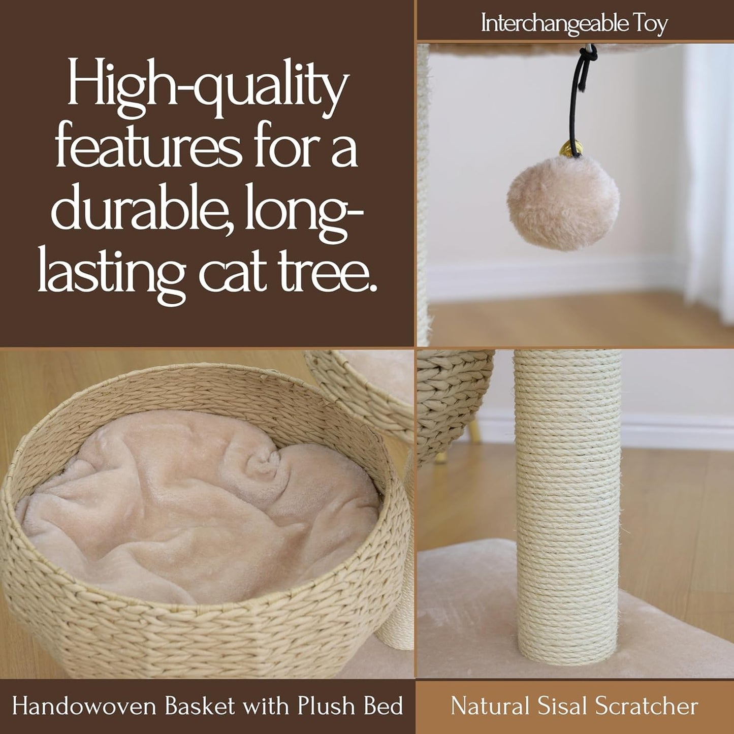 Modern Handwoven Cat Tree with 2 Cat Beds & Sisal Scratching Posts | Handcraft Paper Rope Baskets Bed and Perch, Removeable and Washable Cushion, Replaceable Post, a Pum-Pum Toy, Beige
