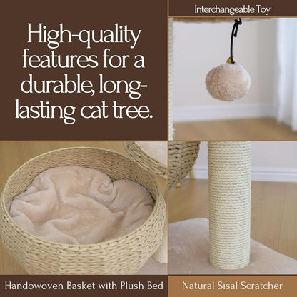 Modern Handwoven Cat Tree with 2 Cat Beds & Sisal Scratching Posts | Handcraft Paper Rope Baskets Bed and Perch, Removeable and Washable Cushion, Replaceable Post, a Pum-Pum Toy, Beige