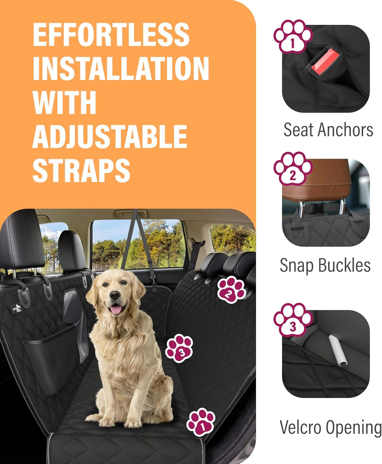 Dog Car Seat Cover for Back Seat, Waterproof Pet Protection Hammock, SUV Truck Car Backseat Protector with Safety Features, Black