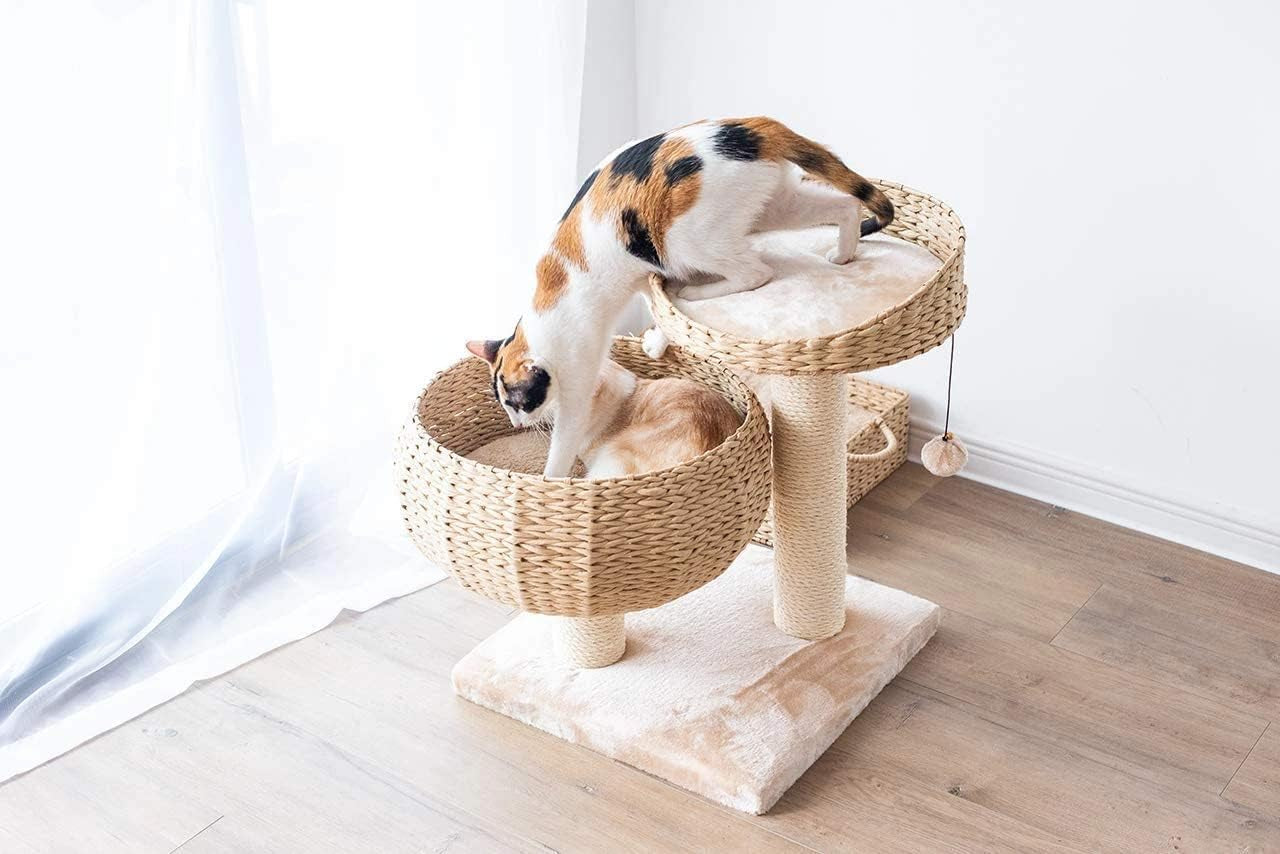 Modern Handwoven Cat Tree with 2 Cat Beds & Sisal Scratching Posts | Handcraft Paper Rope Baskets Bed and Perch, Removeable and Washable Cushion, Replaceable Post, a Pum-Pum Toy, Beige