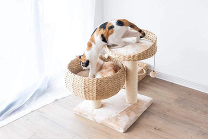 Modern Handwoven Cat Tree with 2 Cat Beds & Sisal Scratching Posts | Handcraft Paper Rope Baskets Bed and Perch, Removeable and Washable Cushion, Replaceable Post, a Pum-Pum Toy, Beige