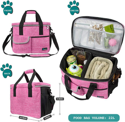 Dog Travel Bag Organizer, Pet Supplies Tote Diaper Bag, Pink Medium | Pet Travel Kit with 2 Food Containers & 2 Collapsible Dog Bowls, Luggage Sleeve, Weekend Getaway Road Trip Camping Essentials