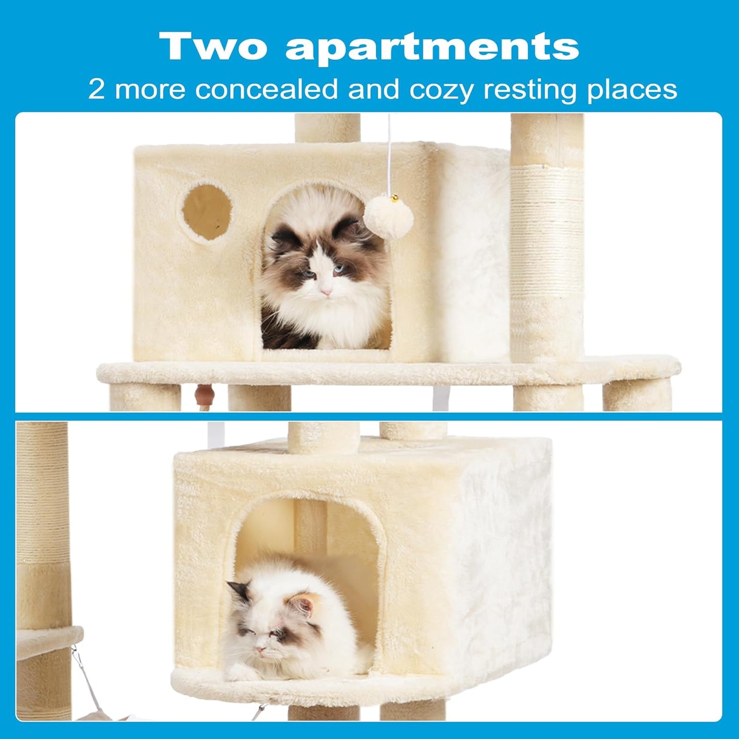 Cat Tree Tower with Sisal Scratching Posts, Big Condo, MPJ020M | 53.7 Inches Multi-Level Cat House with 2 Bigger Plush Condos, 2 Platforms, Hammock, Toy Balls for Indoor Cats, Beige