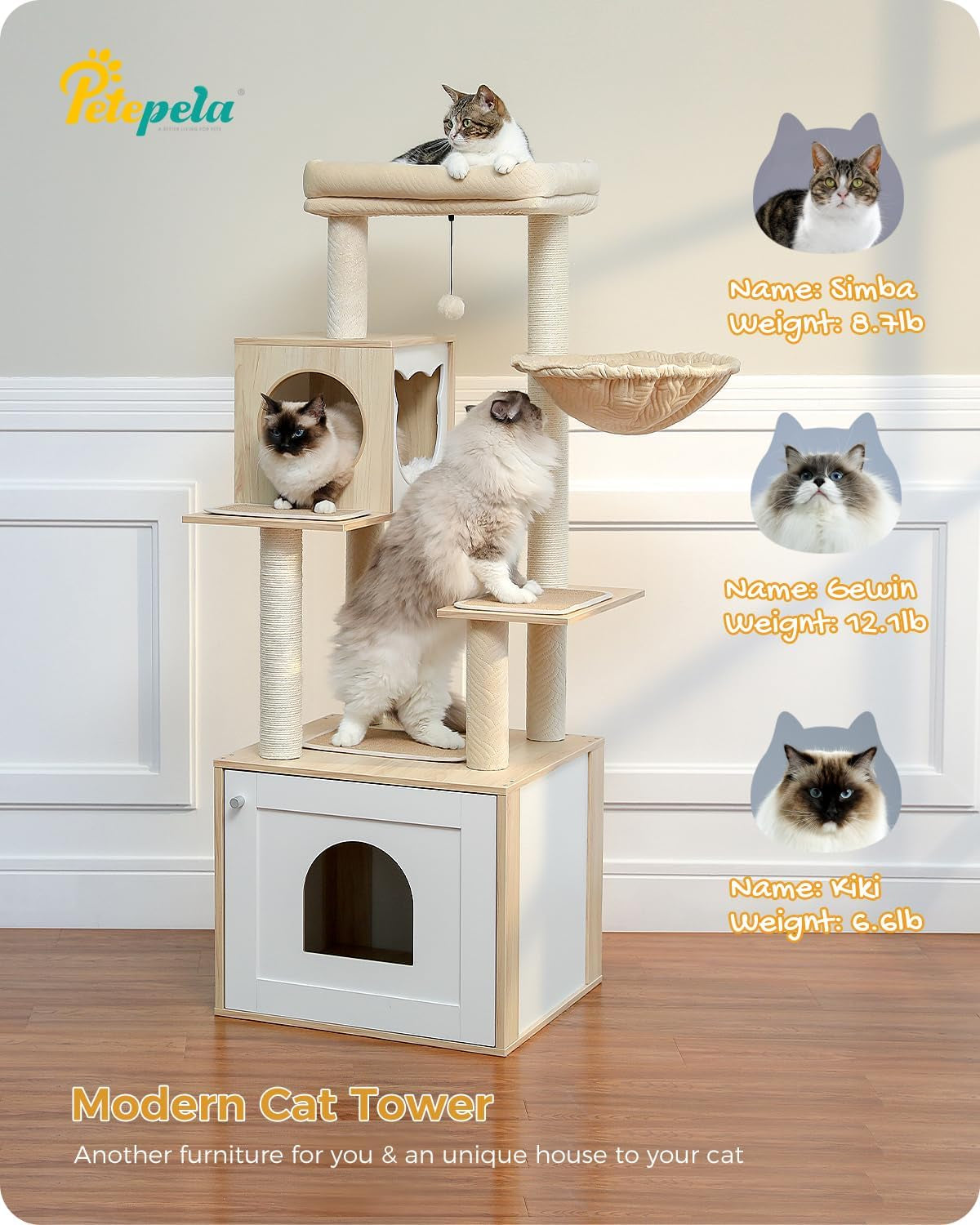 56.7" Cat Tree with Litter Box Enclosure, Wood Cat Tower, Beige | Enclosed Cabinet Hides a Litter Box; with Cozy Condo, Sisal Scratching Posts, Spoon Hammock & Top Perch for Indoor Cats