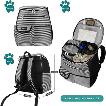 Dog Travel Backpack Airline Approved Pet Supplies Bag, Stripe Black | Cat Traveling Suitcase Organizer for Weekend Road Trip Camping; 2 Food Containers, 2 Collapsible Bowls & Poop Bag Dispenser