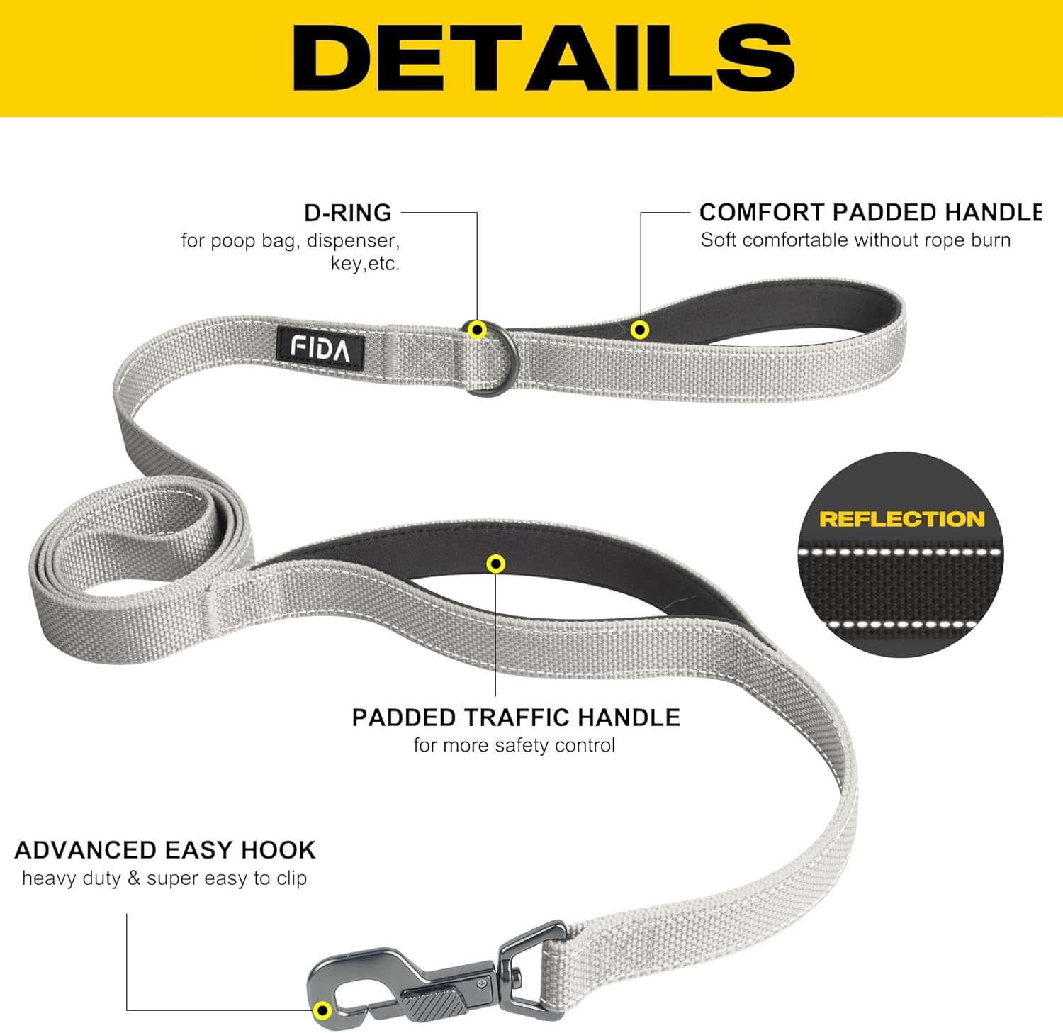 Heavy Duty Dog Leash for Medium Large Dogs, 6 FT, Dual Padded Handles | Traffic Handle for Close Control, Advanced Easy Snap Hook, Reflective, Strong Nylon Webbing for Daily Walks & Training, Grey