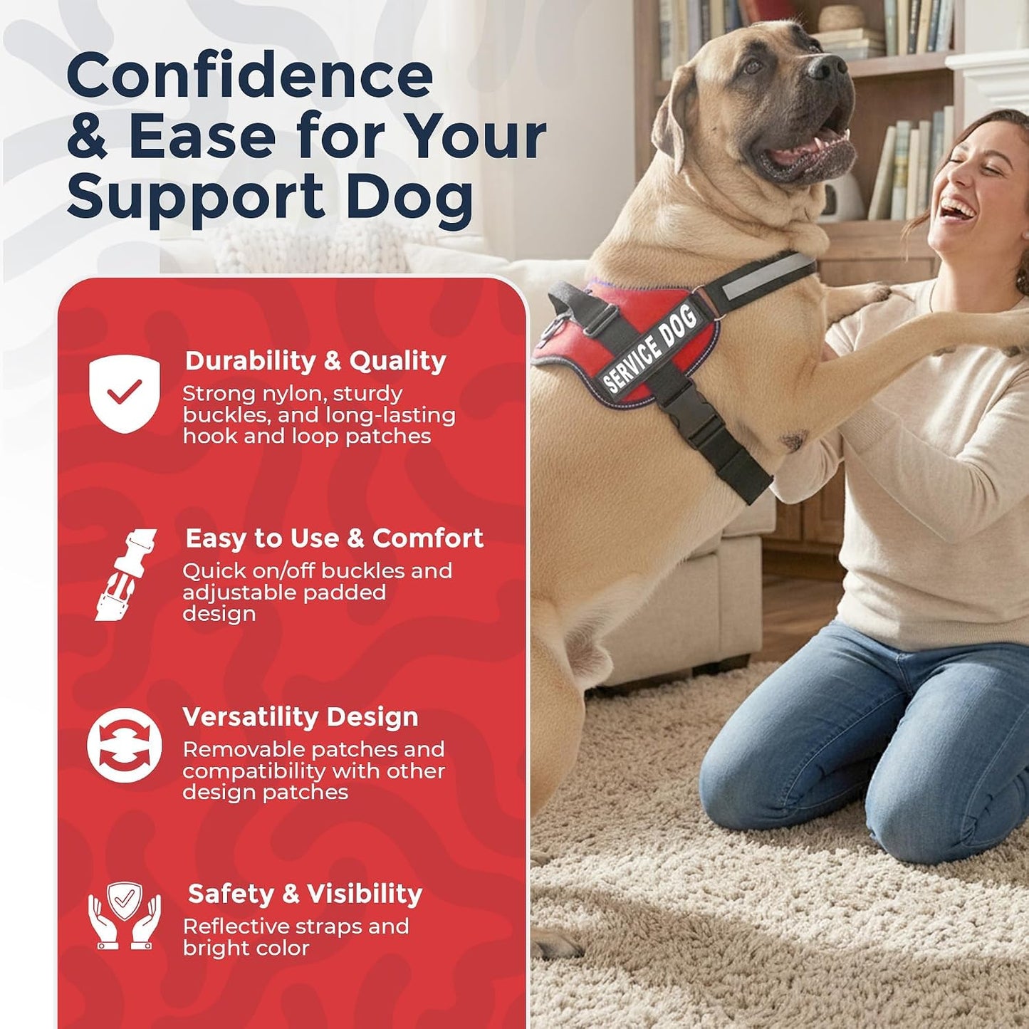 Service Dog Vest Harness, XL 30-39, Red | Durable & Adjustable Vest for Dog, Reflective Straps, Removable Patches, 50 ADA Cards, Handle & D-Ring, Travel and Daily Use