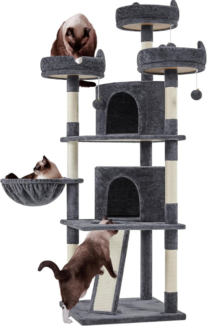 Yaheetech 69In Cat Tree Tower, 2 Condos, Scratching Posts & Cat-Ear Perches | Sturdy Anti-Wobble Base, Soft Basket, Climbing Ramp, Easy Assembly, Fits Large Indoor Cats & Multi-Pet Households, Dark Gray