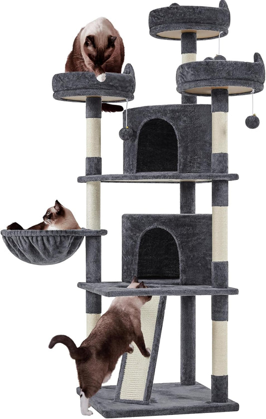 Yaheetech 69In Cat Tree Tower, 2 Condos, Scratching Posts & Cat-Ear Perches | Sturdy Anti-Wobble Base, Soft Basket, Climbing Ramp, Easy Assembly, Fits Large Indoor Cats & Multi-Pet Households, Dark Gray