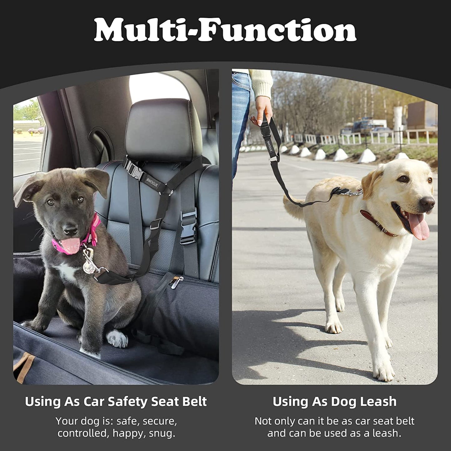 Dog Seat Belt for Car, Headrest Restraint Safety Lead, Dogs Cats | Adjustable 18-30 in Length, Headrest Loop for Car Travel, 2-In-1 Seat Belt and Leash, Use with Dog Harness, Zinc Alloy Snap