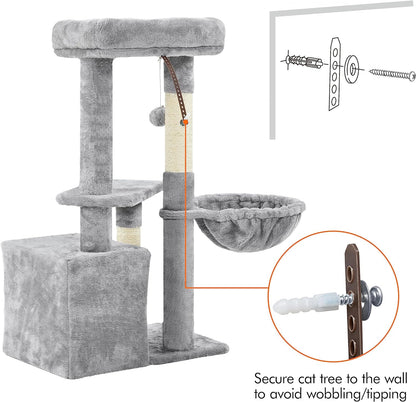34In Small Cat Tree W/Condo & Basket for Indoor Cats, Light Gray | Scratching Posts, Soft Plush Platform & Window Perch, for Kittens & Small-Medium Cats up to 11 Lb, Easy to Assemble