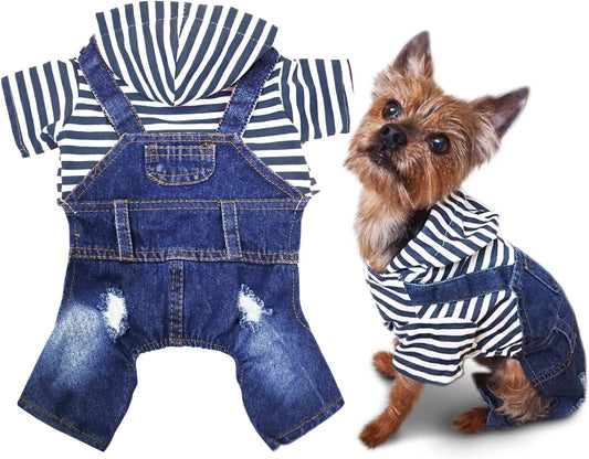 Dogs Denim Jumpsuit Jeans Hoodies Coat Small Medium Pet Classic Jacket | Puppy Cat Blue Clothes Cool Vintage Washed Vests Cute Stripe Shirts One-Piece Outfit Boy Girl Jean Overalls Pets Outfits