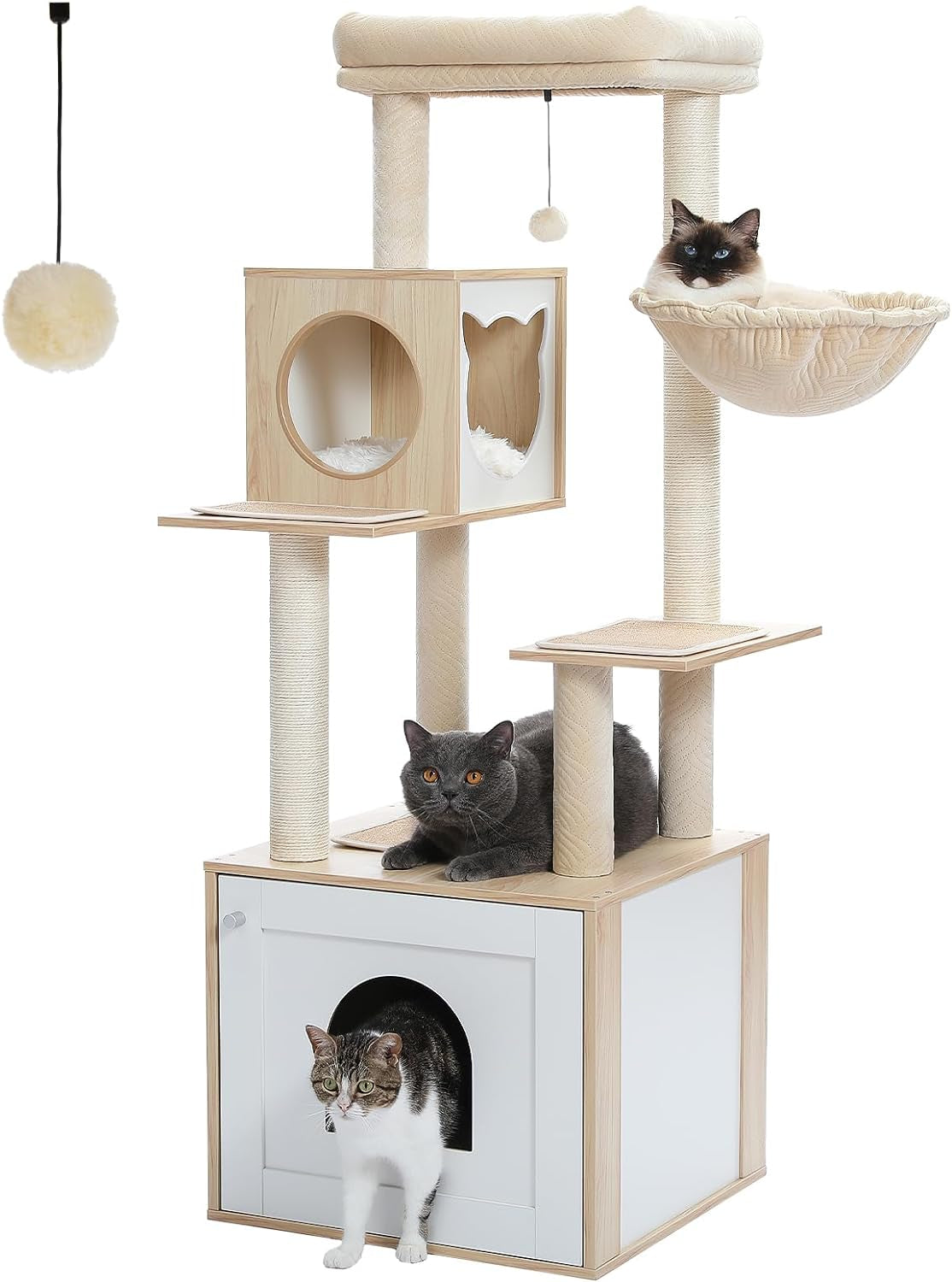 56.7" Cat Tree with Litter Box Enclosure, Wood Cat Tower, Beige | Enclosed Cabinet Hides a Litter Box; with Cozy Condo, Sisal Scratching Posts, Spoon Hammock & Top Perch for Indoor Cats