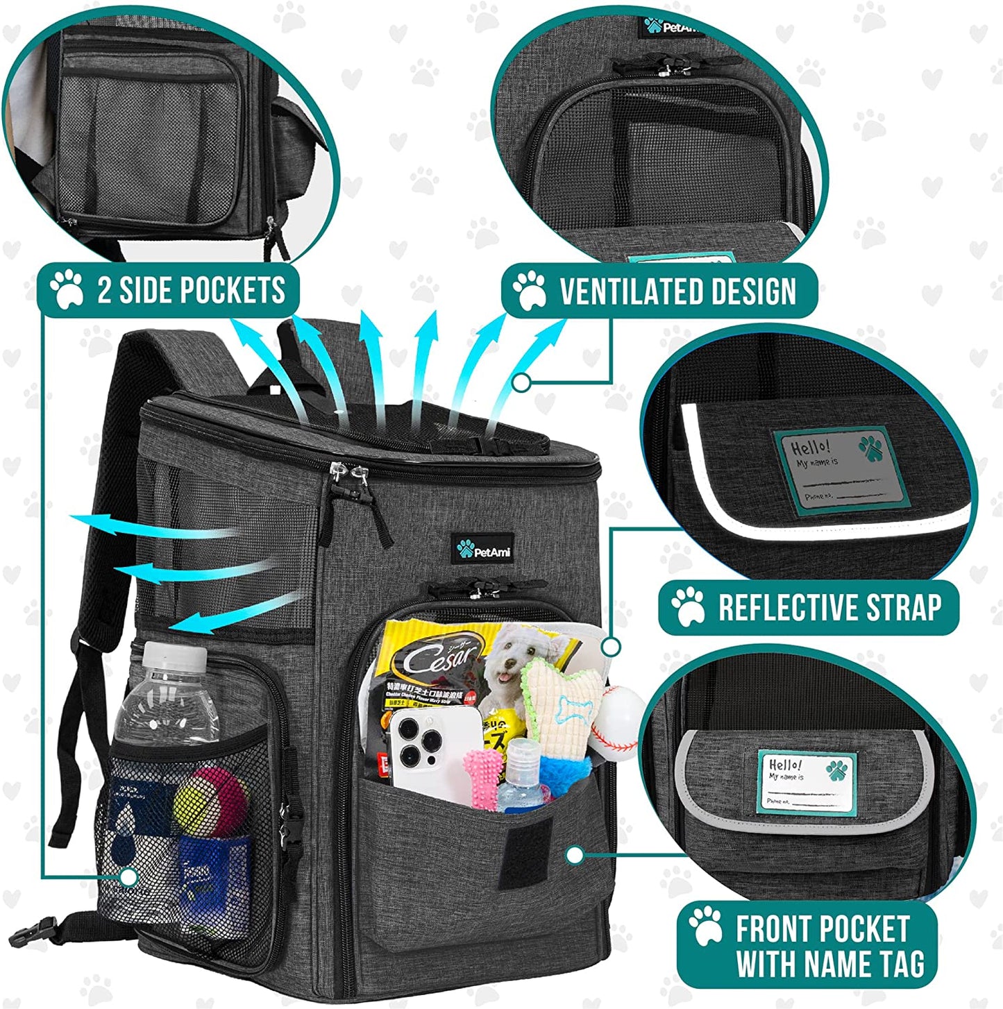 Dog Backpack Carrier, Airline Approved 4-Way Entry Cat Backpack Carrier, Ventilated Mesh, Collapsible Pet Carrier for Small Puppy, Kitten, Hiking, Travel Car, Vet, up to 18 Lbs, Charcoal Gray