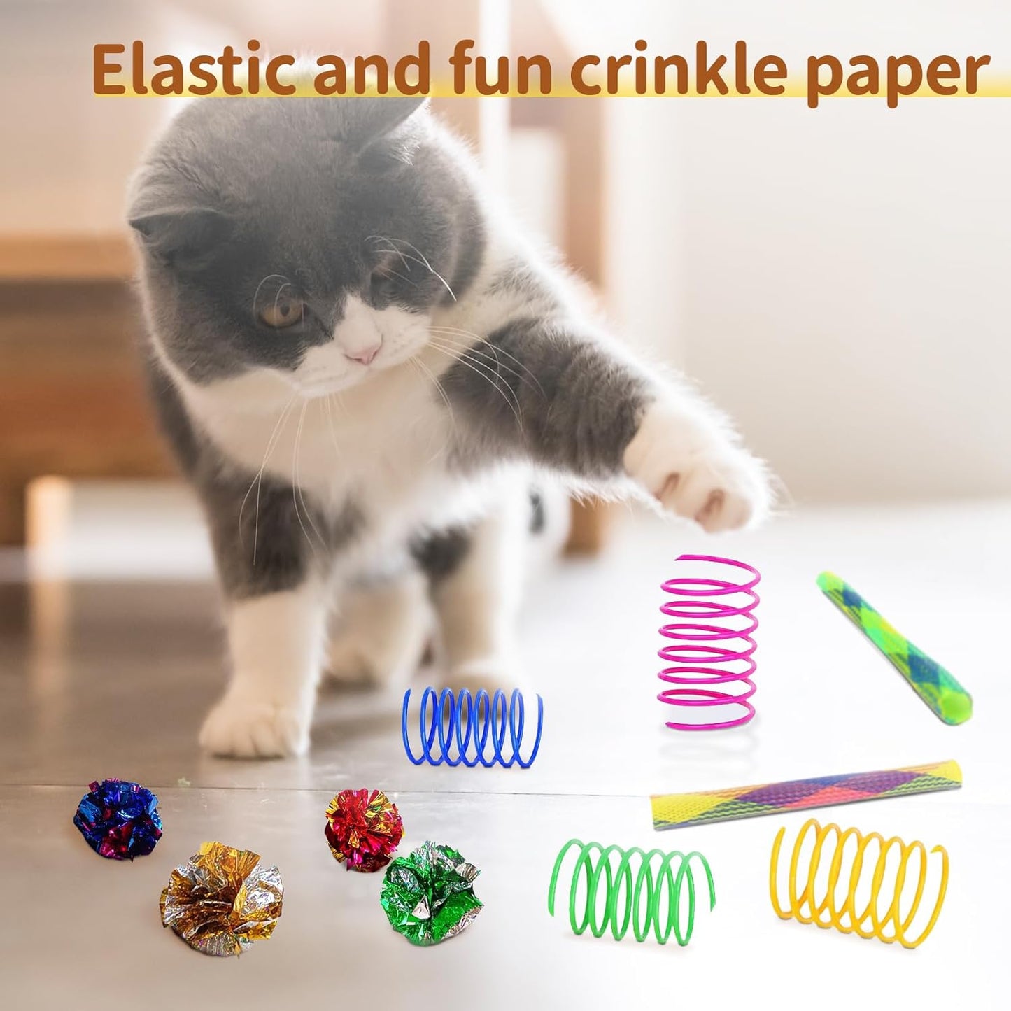 25 Pcs Cat Toys Set, Cat Tunnel Toy for Indoor Cats, Kittens | Interactive Variety Pack, 45" Rainbow Cat Tunnel, Feather Teaser, Feather Golf, Mice, Springs, Balls, Noise Toys - Colorful