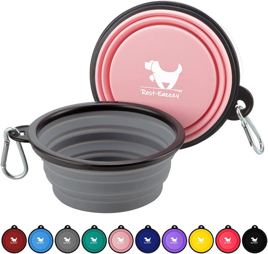 Collapsible Dog Bowls for Travel, 2-Pack Dog Portable Water Bowl for Dogs Cats Pet Foldable Feeding Watering Dish for Traveling Camping with Carabiners, BPA Free (Grey&Pink, Small (Pack of 2))