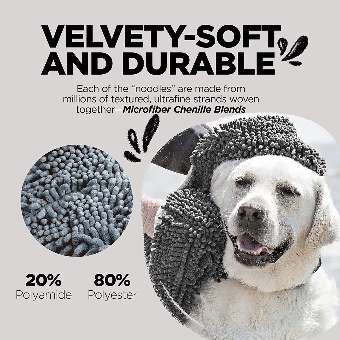 Soggy Doggy Super Shammy Dog Towel - Microfiber Chenille Towel for Drying Dogs and Cleaning Paws - Fast Drying with Hand Pockets for Ease (Gray, 31” X 14”) | Hand-Pocket Design; Noodle-Texture Chenille; Gentle on Paws & Skin; for Bath Time, Beach, Muddy Walks; Quick-Dry