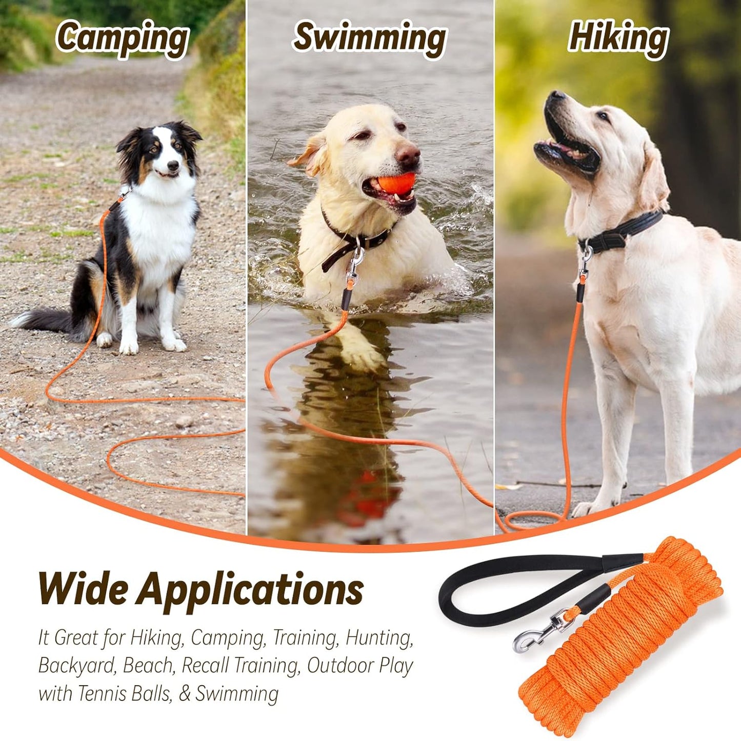 Check Cord Dog Leash Long Lead 15Ft 30Ft 50Ft | Training Tracking Line Comfortable Handle Heavy Duty Puppy Rope for Small Medium Large Dog Puppy