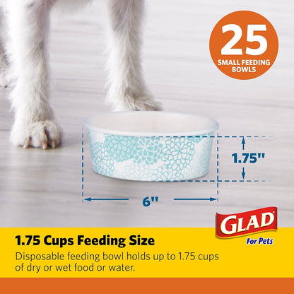 Pets Disposable Small Dog Bowls, Teal Pattern, 1.75 Cup Feeding Size Leakproof and Dishwasher Safe (Pack of 4, 100 Count Total)