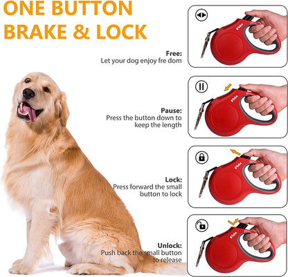 Retractable Dog Leash with Dispenser and Poop Bags, 16 Ft, Red | Pet Walking Leash for Medium Dog or Cat up to 44 Lbs, Anti-Slip Handle, Tangle Free, Reflective Nylon Tape