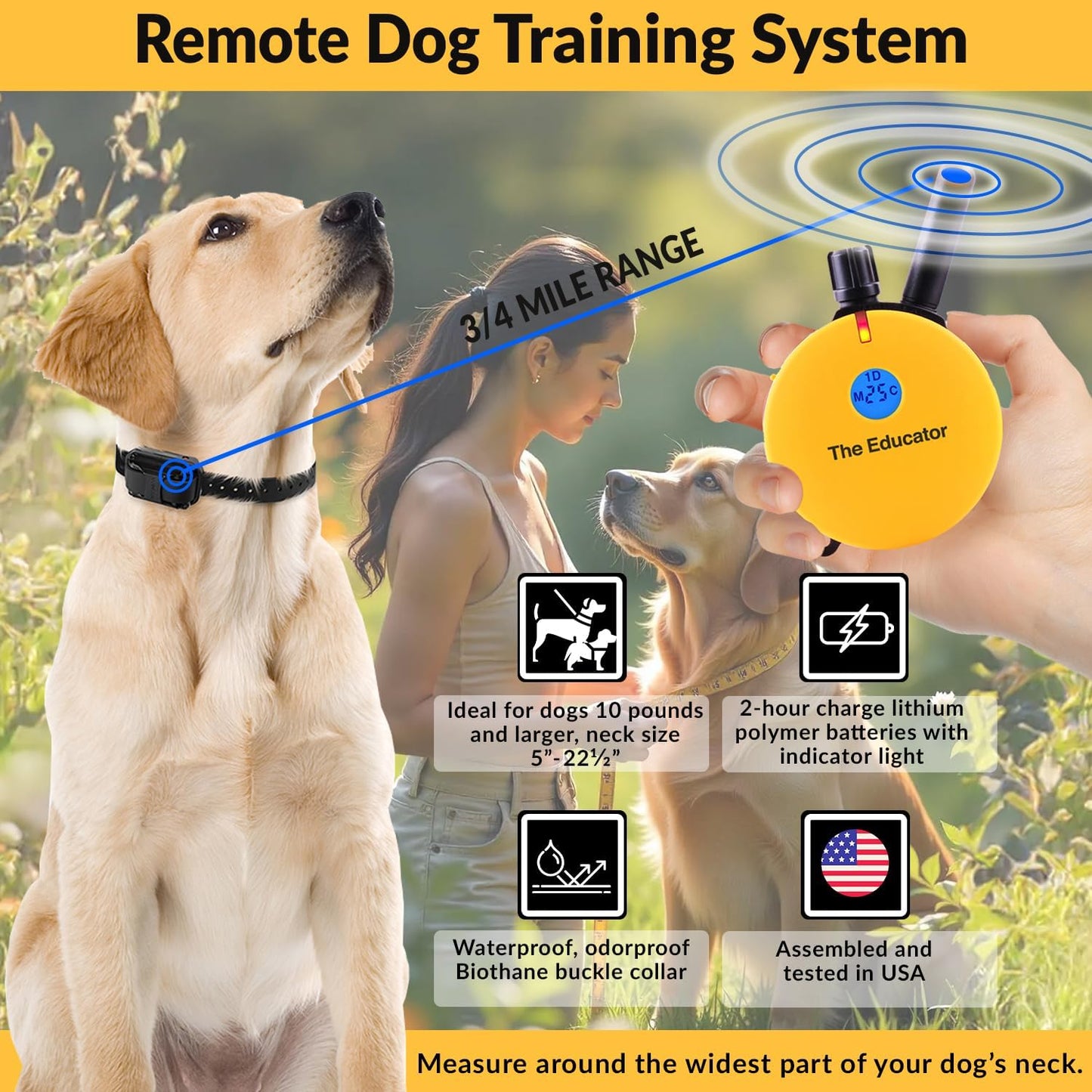 E-Collar  ET-402 Dog Training Collar, 2 Dog System, Yellow | Humane with Remote, 100 Safe Tapping Stimulation Levels, Waterproof Rechargeable, 3/4 Mile Range
