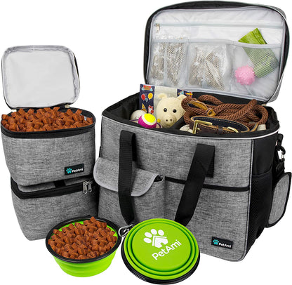 Dog Travel Bag Organizer, Pet Supplies Tote Diaper Bag, Gray Large | Pet Travel Kit with 2 Food Containers & 2 Collapsible Dog Bowls, Luggage Sleeve, Weekend Getaway Road Trip Camping Essentials