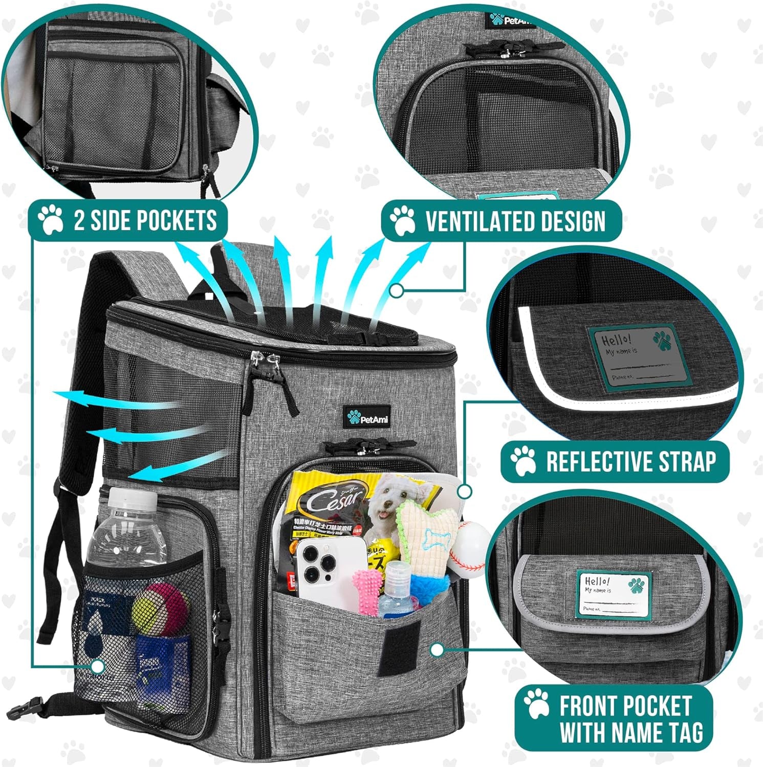 Dog Backpack Carrier, Airline Approved 4-Way Entry Cat Backpack Carrier, Ventilated Mesh, Collapsible Pet Carrier for Small Puppy, Kitten, Hiking, Travel Car, Vet, up to 18 Lbs, Heather Gray