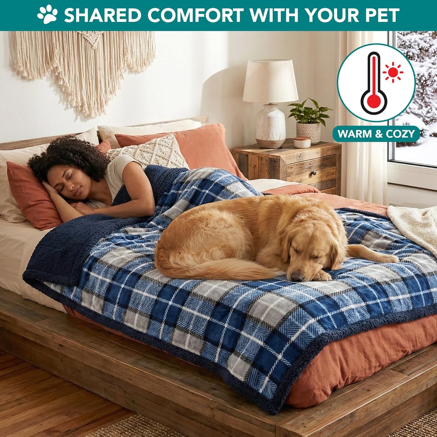 Dog Blanket for Small Medium Dogs and Cats, Soft Sherpa Fleece Pet Blanket Throw Puppies Kittens, Reversible Plush Couch Cover Protector Sofa Bed Crate, Machine Washable, 60X40, Plaid Navy Blue