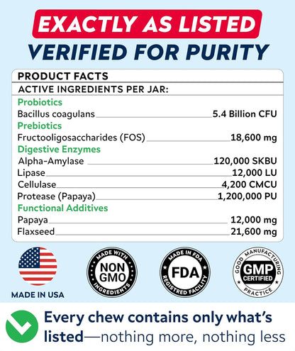 Probiotics Chews for Dogs & Digestive Enzymes + Digestion & Gut Health Treats, Probiotics for Dogs, Fiber Supplement, anti Diarrhea, Constipation, Upset Stomach&Gas Relief,Canine Prebiotic