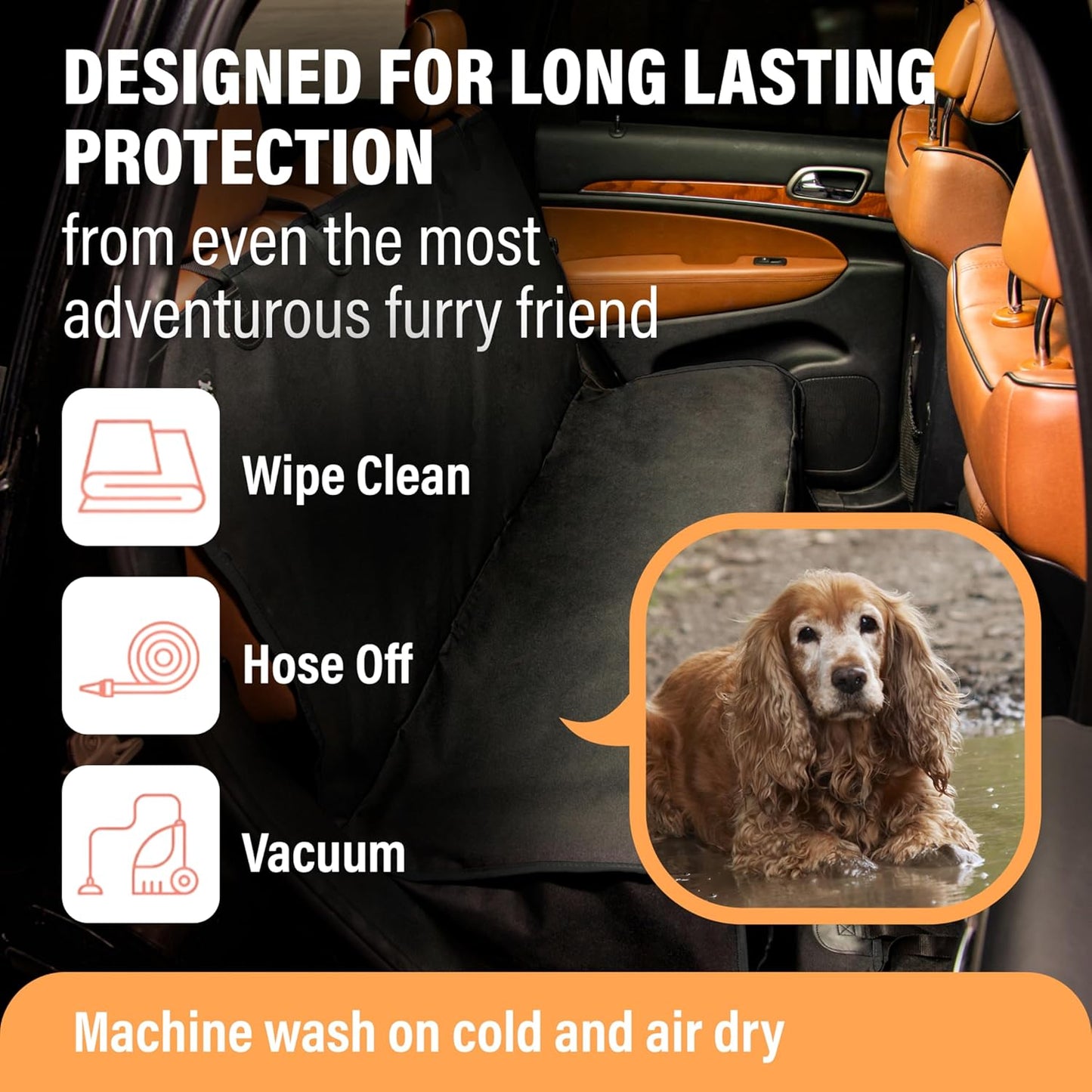 Dog Car Seat Cover for Back Seat, Waterproof Pet Protection Hammock, SUV Truck Car Backseat Protector with Safety Features, Black