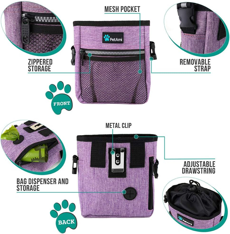Dog Training Treat Pouch with Multi-Functional Features, Includes Poop Bag Dispenser and Versatile Carry Options (Purple)