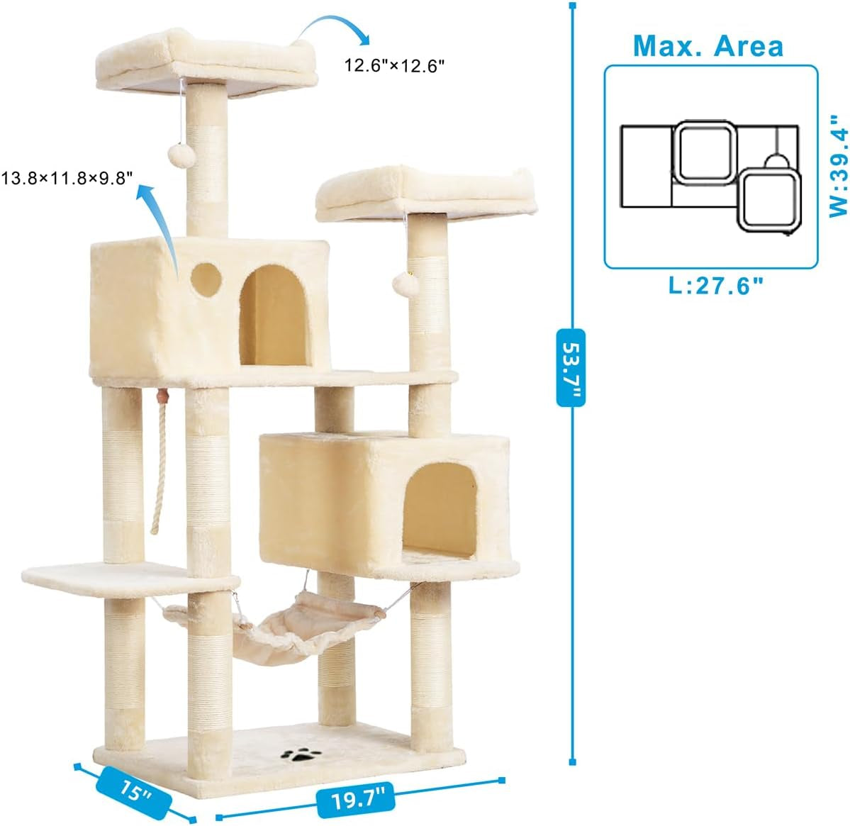 Cat Tree Tower with Sisal Scratching Posts, Big Condo, MPJ020M | 53.7 Inches Multi-Level Cat House with 2 Bigger Plush Condos, 2 Platforms, Hammock, Toy Balls for Indoor Cats, Beige