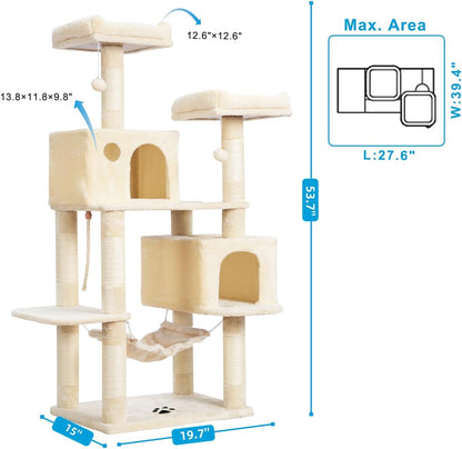 Cat Tree Tower with Sisal Scratching Posts, Big Condo, MPJ020M | 53.7 Inches Multi-Level Cat House with 2 Bigger Plush Condos, 2 Platforms, Hammock, Toy Balls for Indoor Cats, Beige