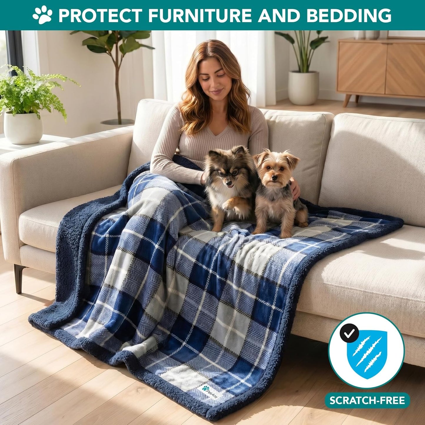 Dog Blanket for Small Medium Dogs and Cats, Soft Sherpa Fleece Pet Blanket Throw Puppies Kittens, Reversible Plush Couch Cover Protector Sofa Bed Crate, Machine Washable, 60X40, Plaid Navy Blue
