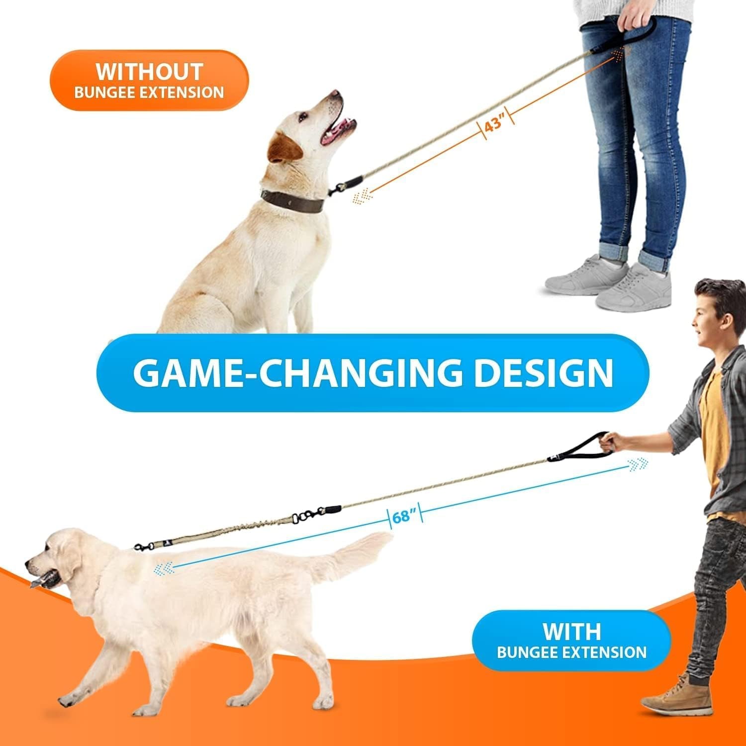 Heavy Duty Bungee Rope Leash for Large and Medium Dogs - No Pull, Shock Absorber Long Dog Training Lead - No Slip Reflective Line for outside (5.5 Ft Bungee Leash)