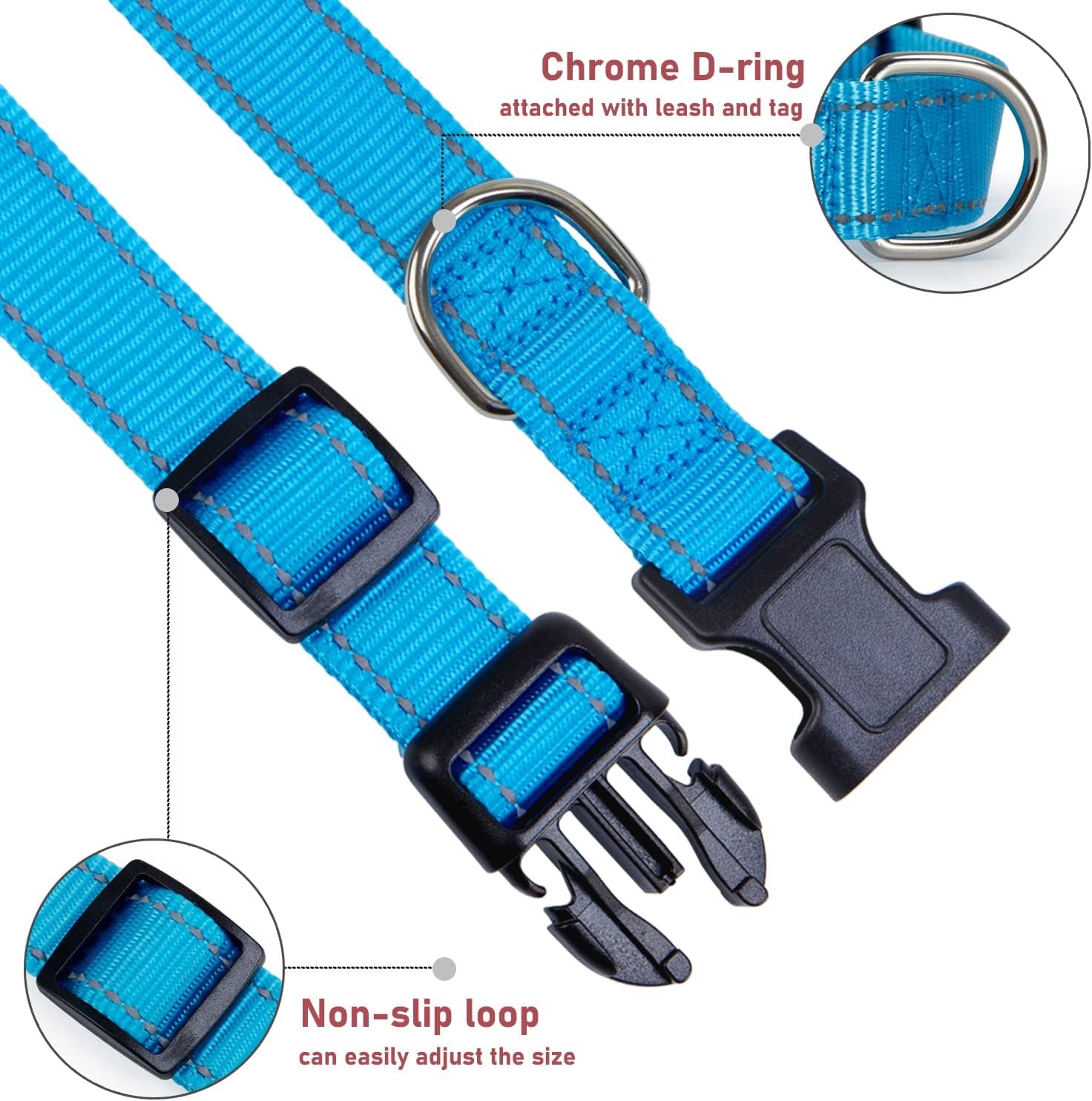 Reflective Dog Collar with Buckle Adjustable Safety Nylon Collars for Small Medium Large Dogs, Blue XL | Breathable, No Chafing on Walks and Outdoor Hikes, Metal D-Ring, Night Safety