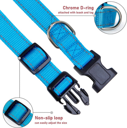 Reflective Dog Collar with Buckle Adjustable Safety Nylon Collars for Small Medium Large Dogs, Blue XL | Breathable, No Chafing on Walks and Outdoor Hikes, Metal D-Ring, Night Safety