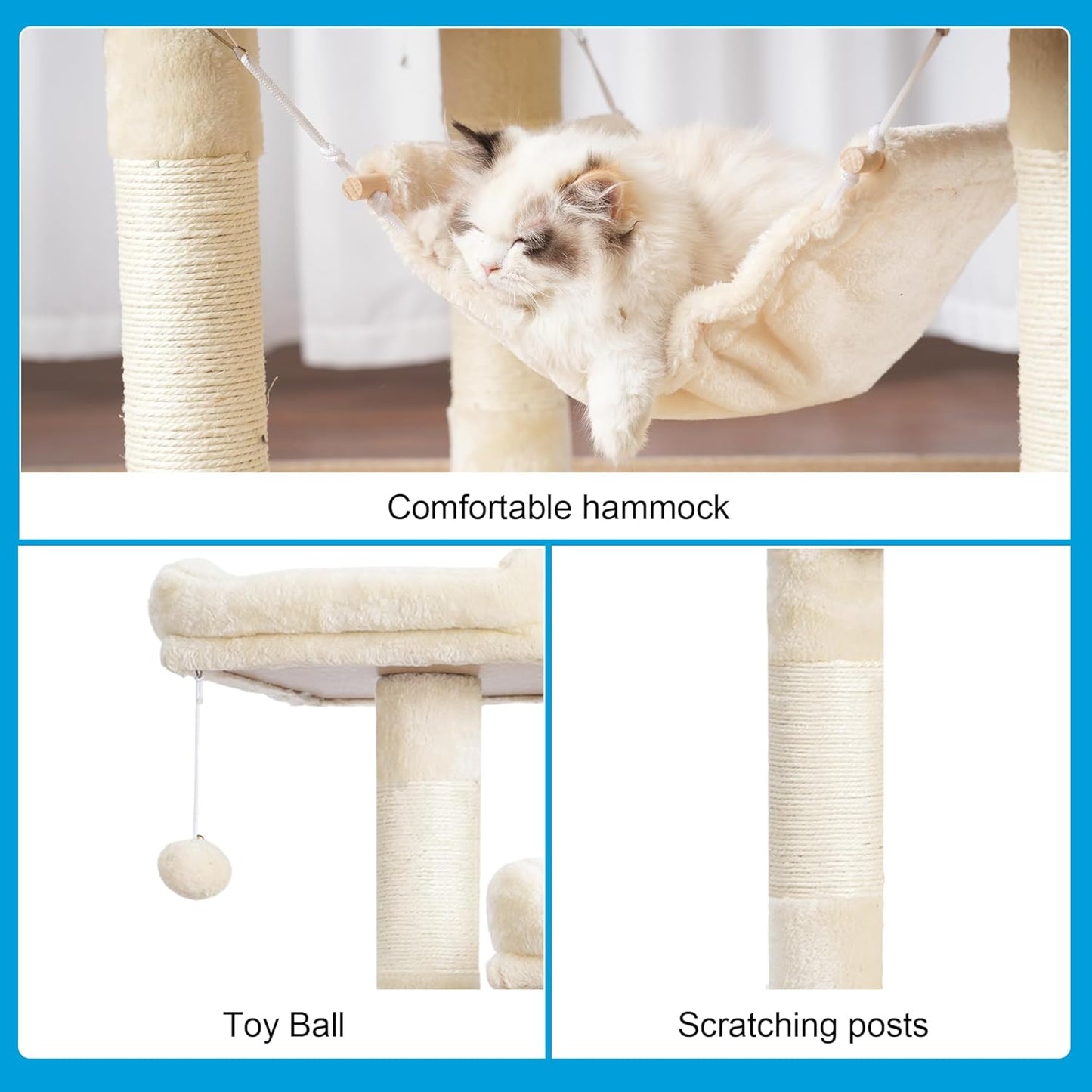 Cat Tree Tower with Sisal Scratching Posts, Big Condo, MPJ020M | 53.7 Inches Multi-Level Cat House with 2 Bigger Plush Condos, 2 Platforms, Hammock, Toy Balls for Indoor Cats, Beige