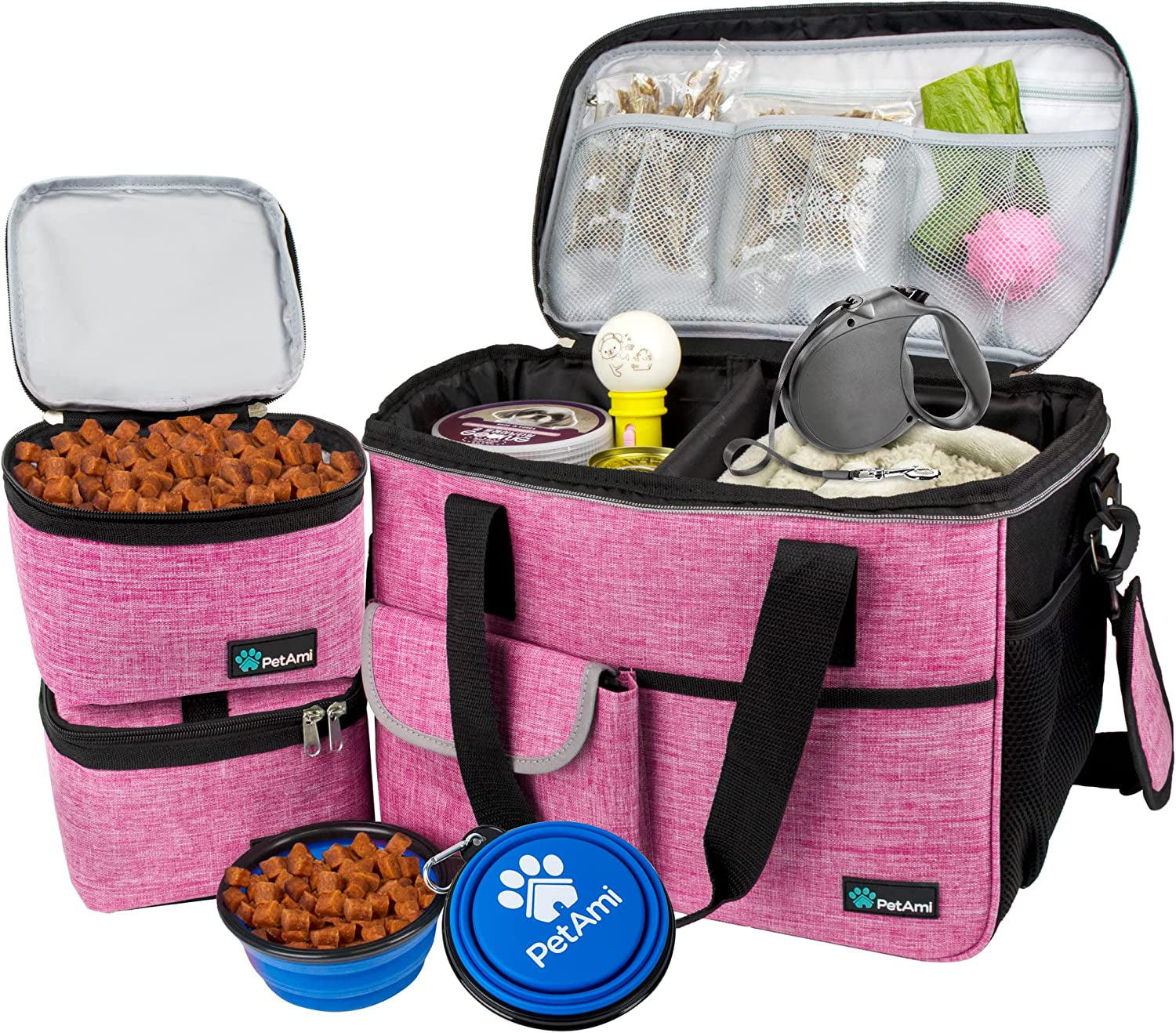 Dog Travel Bag Organizer, Pet Supplies Tote Diaper Bag, Pink Medium | Pet Travel Kit with 2 Food Containers & 2 Collapsible Dog Bowls, Luggage Sleeve, Weekend Getaway Road Trip Camping Essentials