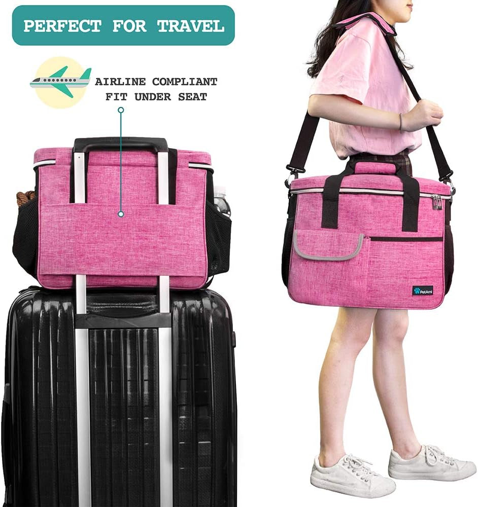 Dog Travel Bag Organizer, Pet Supplies Tote Diaper Bag, Pink Medium | Pet Travel Kit with 2 Food Containers & 2 Collapsible Dog Bowls, Luggage Sleeve, Weekend Getaway Road Trip Camping Essentials