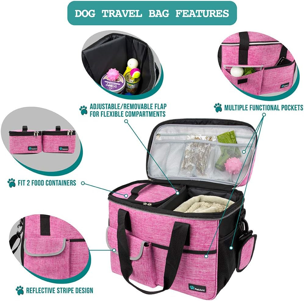 Dog Travel Bag Organizer, Pet Supplies Tote Diaper Bag, Pink Medium | Pet Travel Kit with 2 Food Containers & 2 Collapsible Dog Bowls, Luggage Sleeve, Weekend Getaway Road Trip Camping Essentials