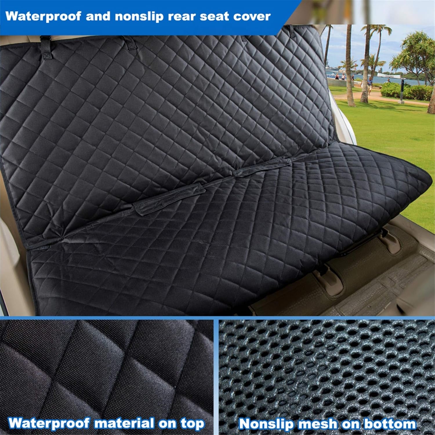 Bench Car Seat Cover Protector, Waterproof Heavy-Duty, Black | Nonslip Dog Back Seat Cover Protect from Mud, Spills, Scratches, Machine Washable, Universal Fit for Vehicles, Trucks&Suvs