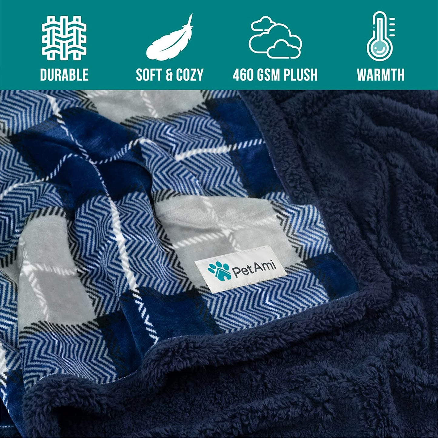 Dog Blanket for Small Medium Dogs and Cats, Soft Sherpa Fleece Pet Blanket Throw Puppies Kittens, Reversible Plush Couch Cover Protector Sofa Bed Crate, Machine Washable, 60X40, Plaid Navy Blue