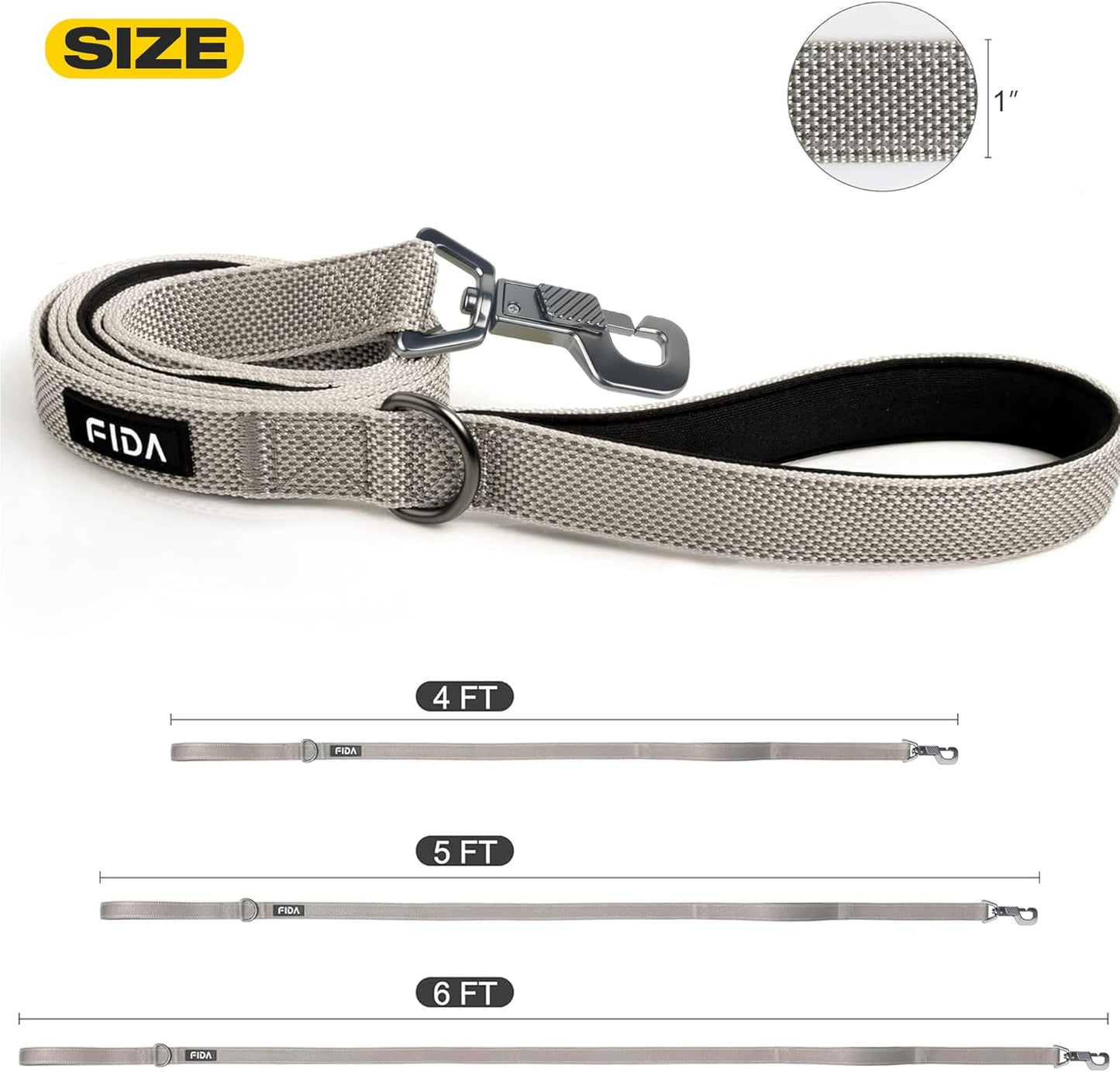 Heavy Duty Dog Leash for Medium Large Dogs, 6 FT, Dual Padded Handles | Traffic Handle for Close Control, Advanced Easy Snap Hook, Reflective, Strong Nylon Webbing for Daily Walks & Training, Grey