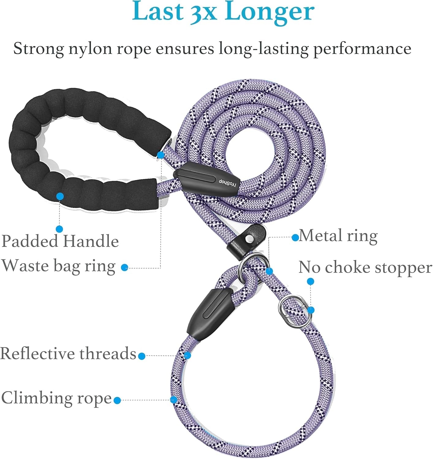 Durable Slip Lead Dog Leash, 1/2" X 4 FT, Lavender | Padded Handle, Reflective Threads, No Pull, Dog Training Leash